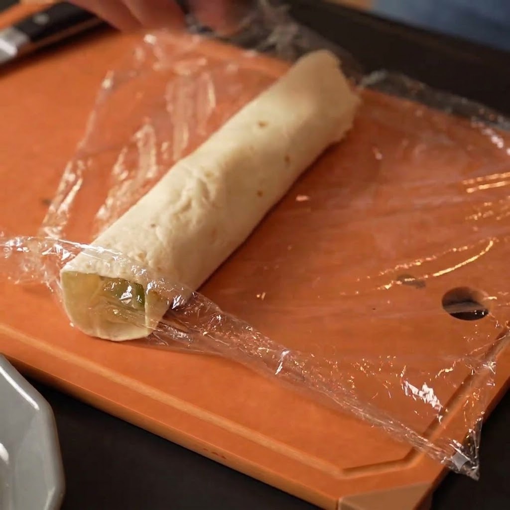 しっかりとプラスチックフィルムで包まれた、ロール状の小麦のラップ。