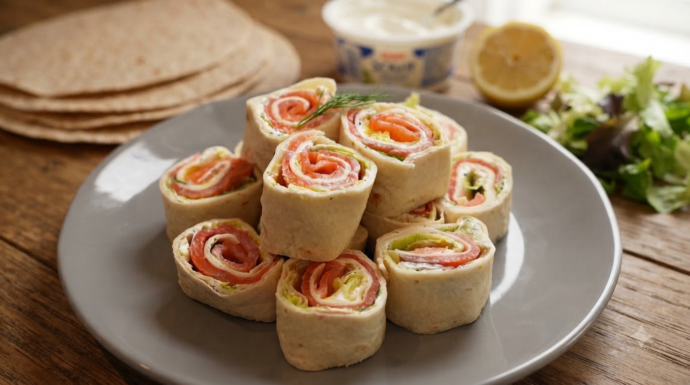 スモークサーモンとディルクリームのサラダラップ（ロールサンド）