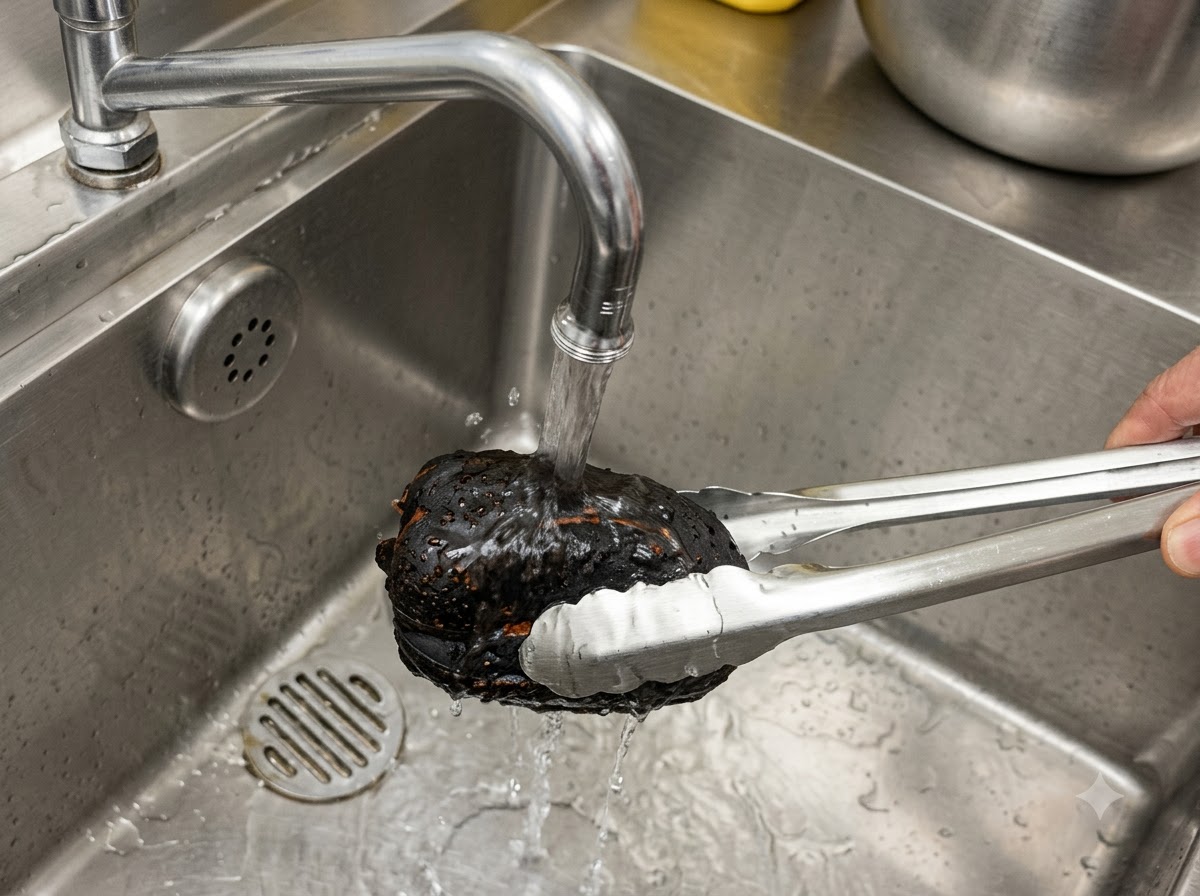 黒く焦げたパプリカをトングで持ち、キッチンの水道の流水ですすいでいる様子。