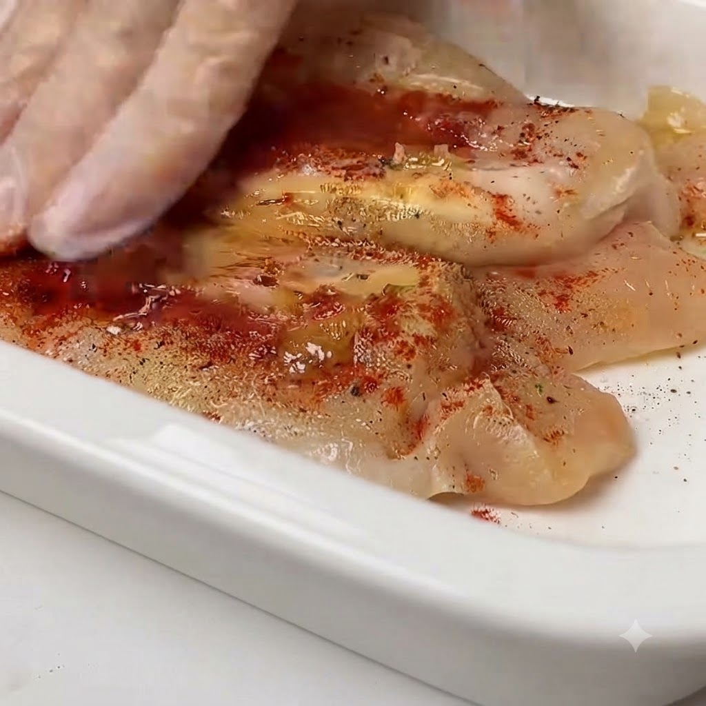白い皿の上の味付けした鶏むね肉にオリーブオイルが注がれている様子。