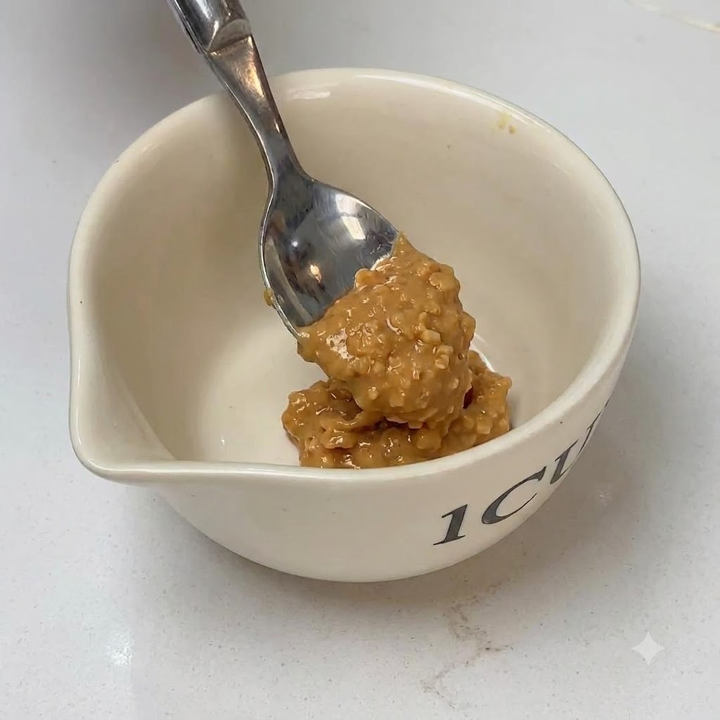 小さな白いボウルで、クランチピーナッツバターにはちみつ、チリ油、水を加えて混ぜ合わせている様子。