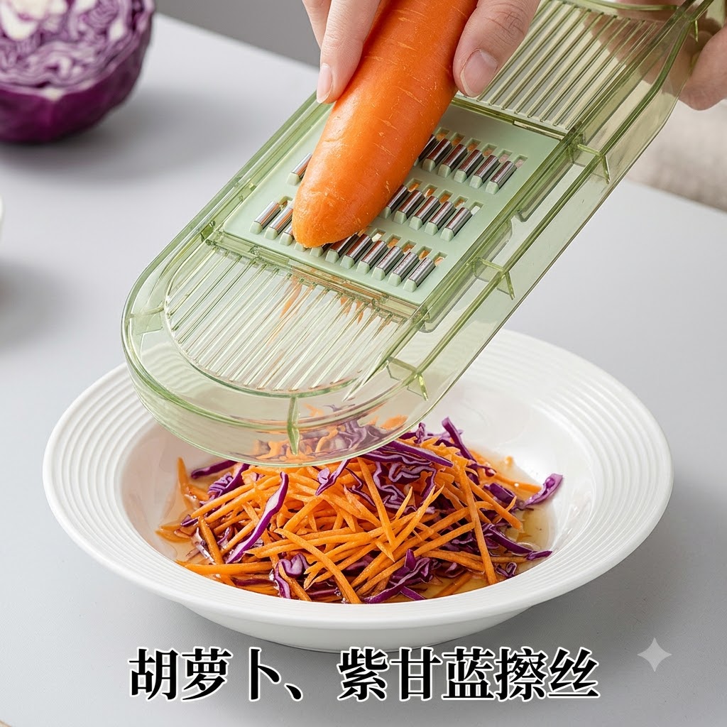 ピーラーやシュレッダーを使って、にんじんや紫キャベツを白いボウルに千切りにしている様子。