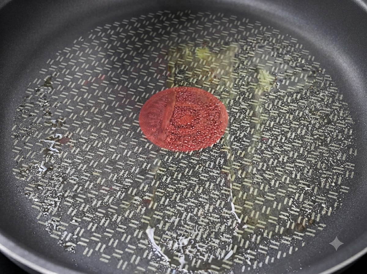 油を引いた熱したフライパンで、鶏むね肉のスライスを焼き付けている様子。