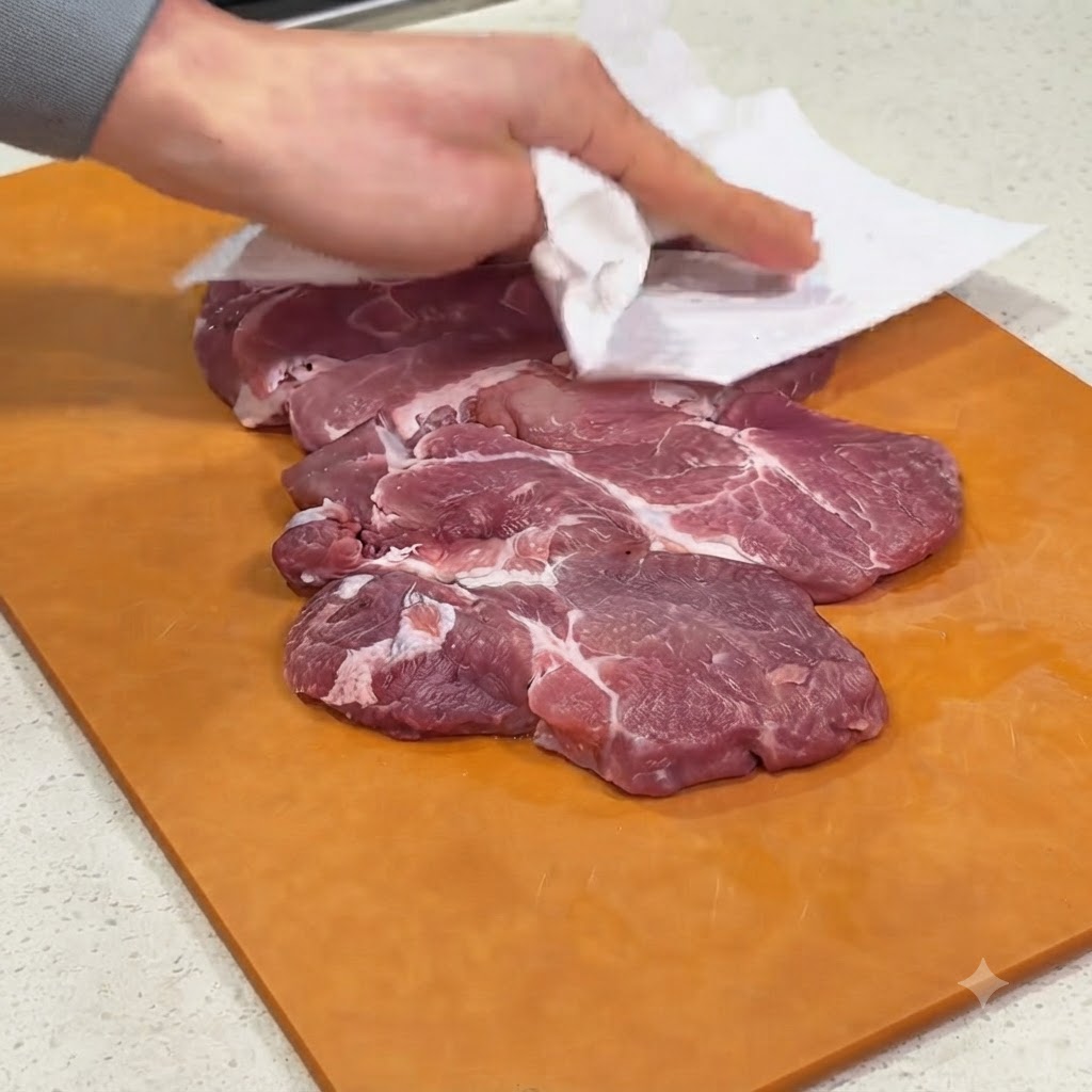 木製のまな板の上で、キッチンペーパーを使って豚肩ロース肉の水気を拭き取っている様子。