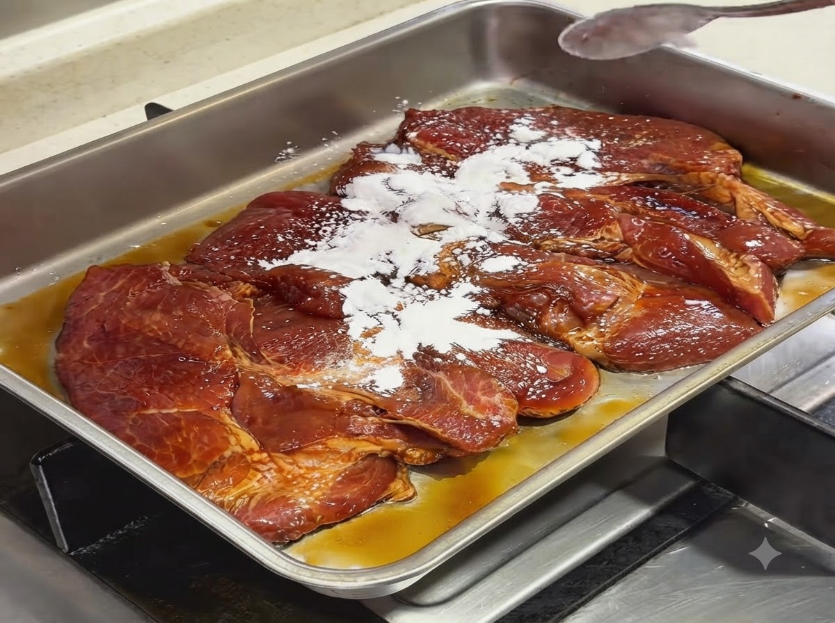 金属製トレイに入ったマリネ済みの豚肉に、白い片栗粉を振りかけている様子。