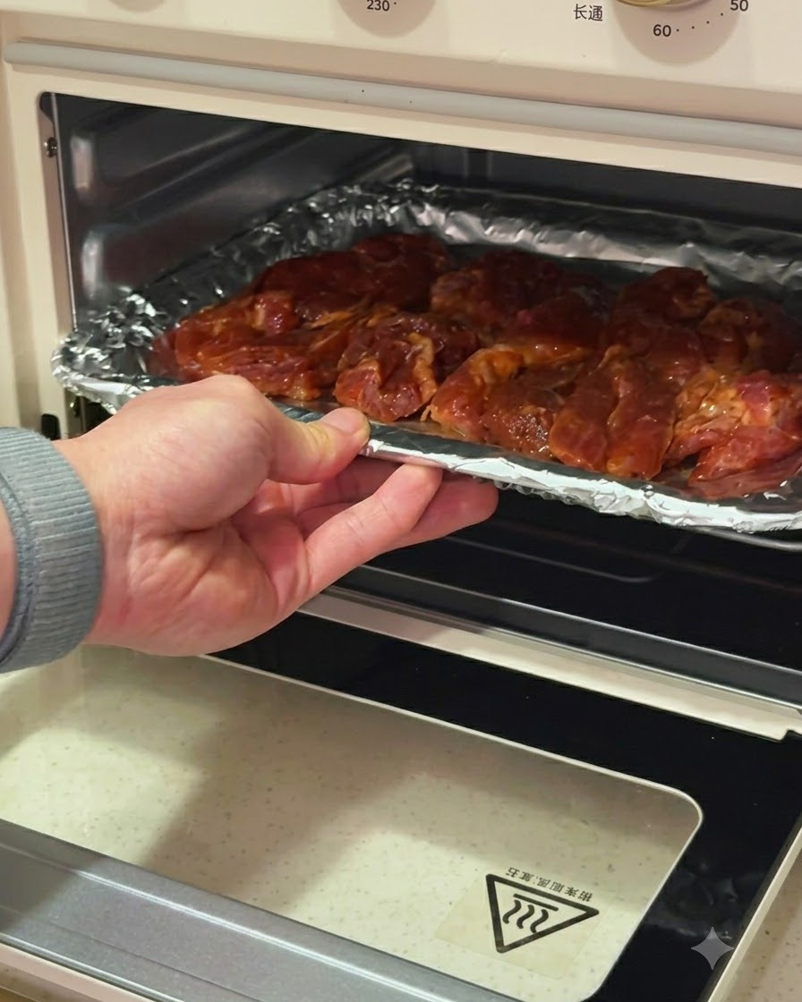 豚肉を載せたベーキングトレイをエアフライヤーオーブンにスライドさせて入れている手。