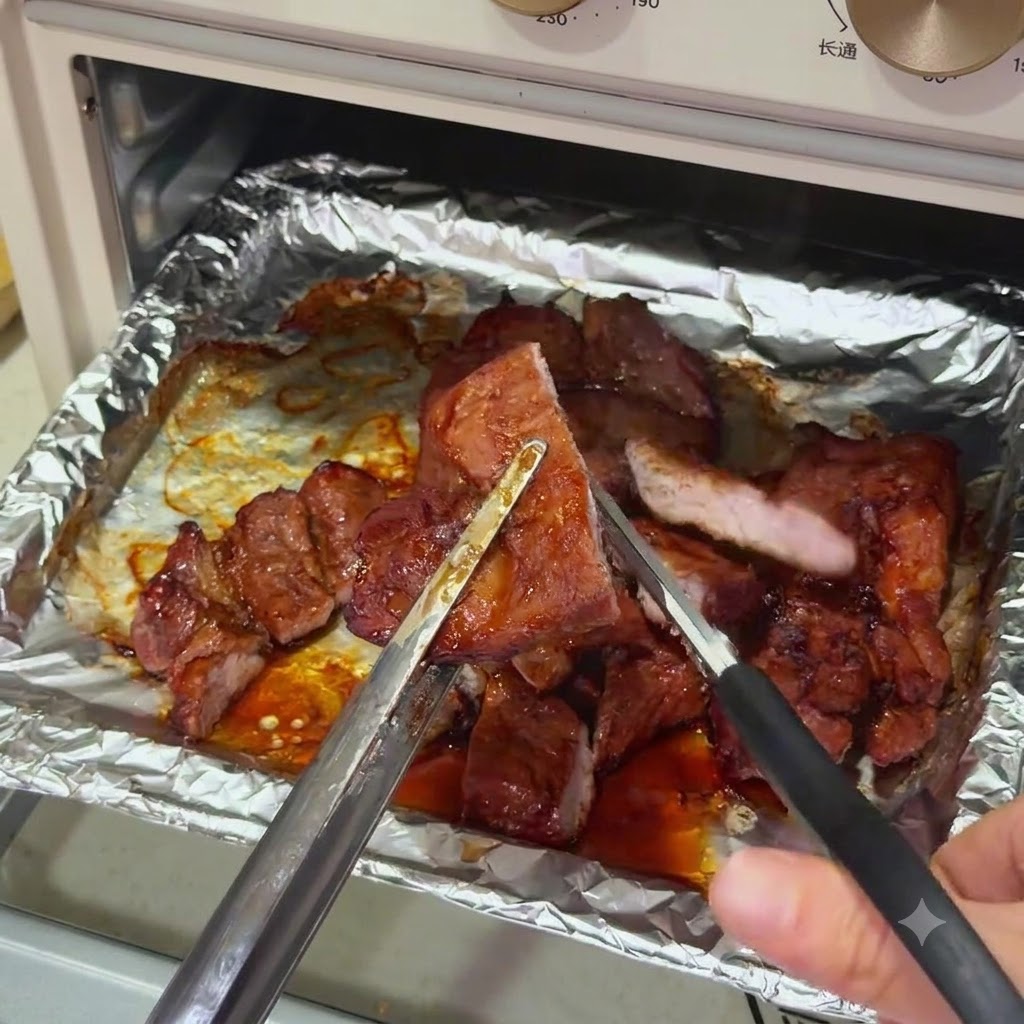 ジューシーなピンク色の断面を見せながら、調理済みの豚肉をキッチンばさみで一口大に切っている様子。