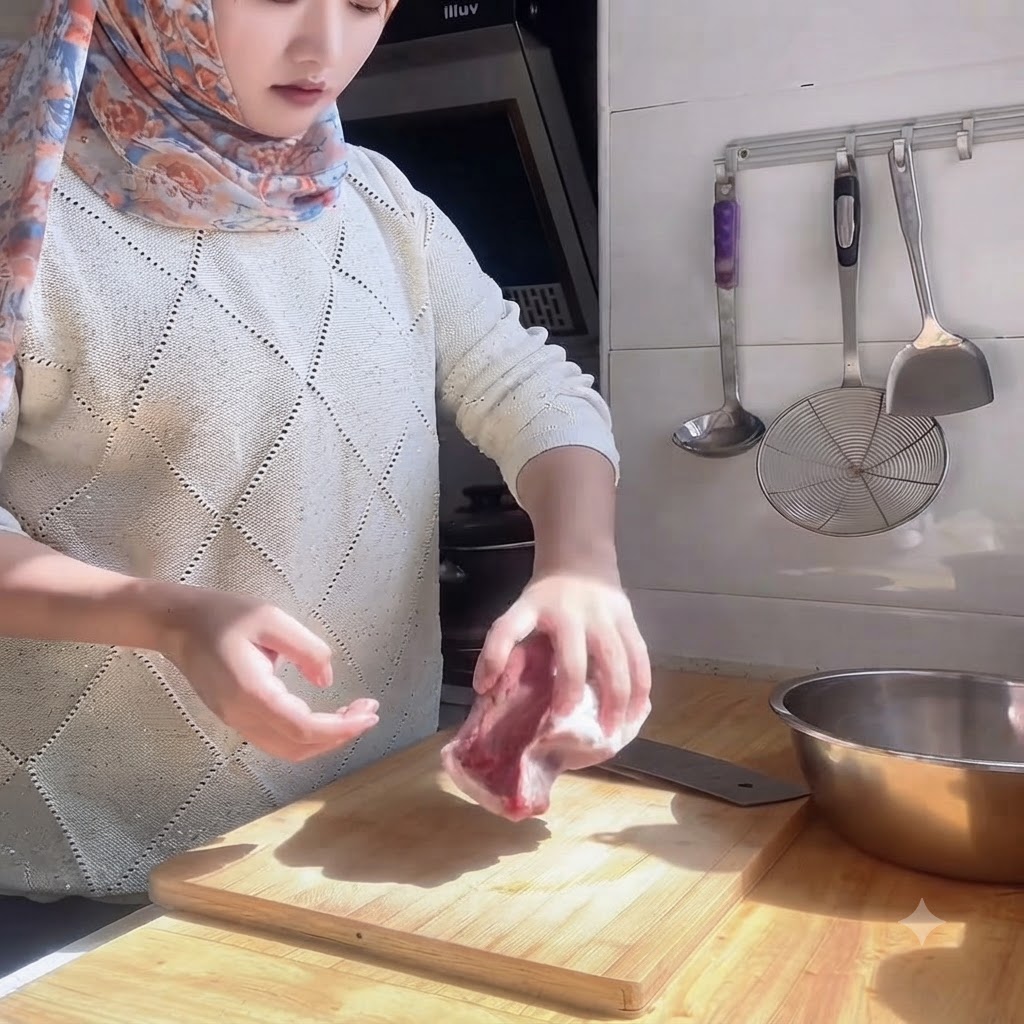 木のまな板の上で包丁を使い、生の牛ヒレ肉をスライスしている人の手。