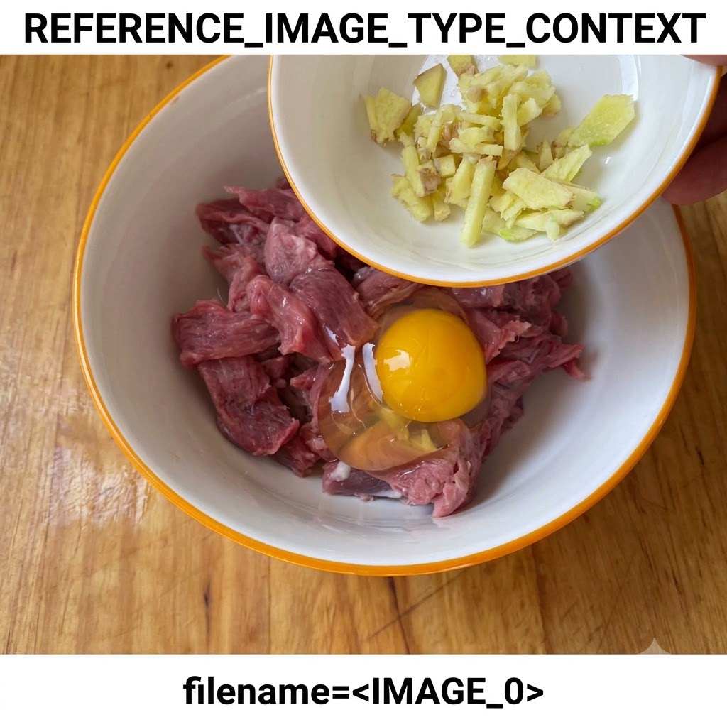 生の牛肉が入った大きなボウルに、小さなボウルから卵と刻み生姜が注がれている様子。