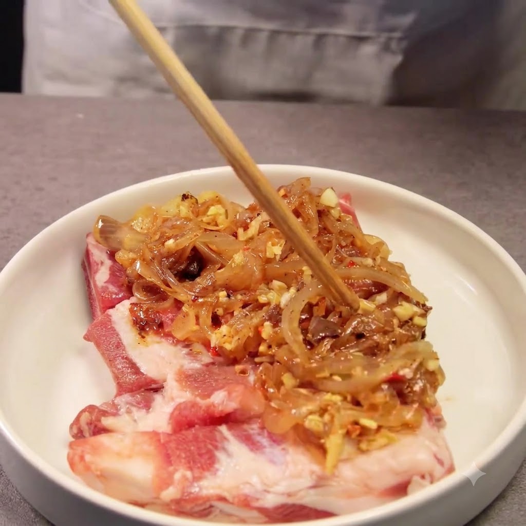 箸を使って、生ポークリブの表面に玉ねぎとコーヒーの混合物を塗り広げている様子。