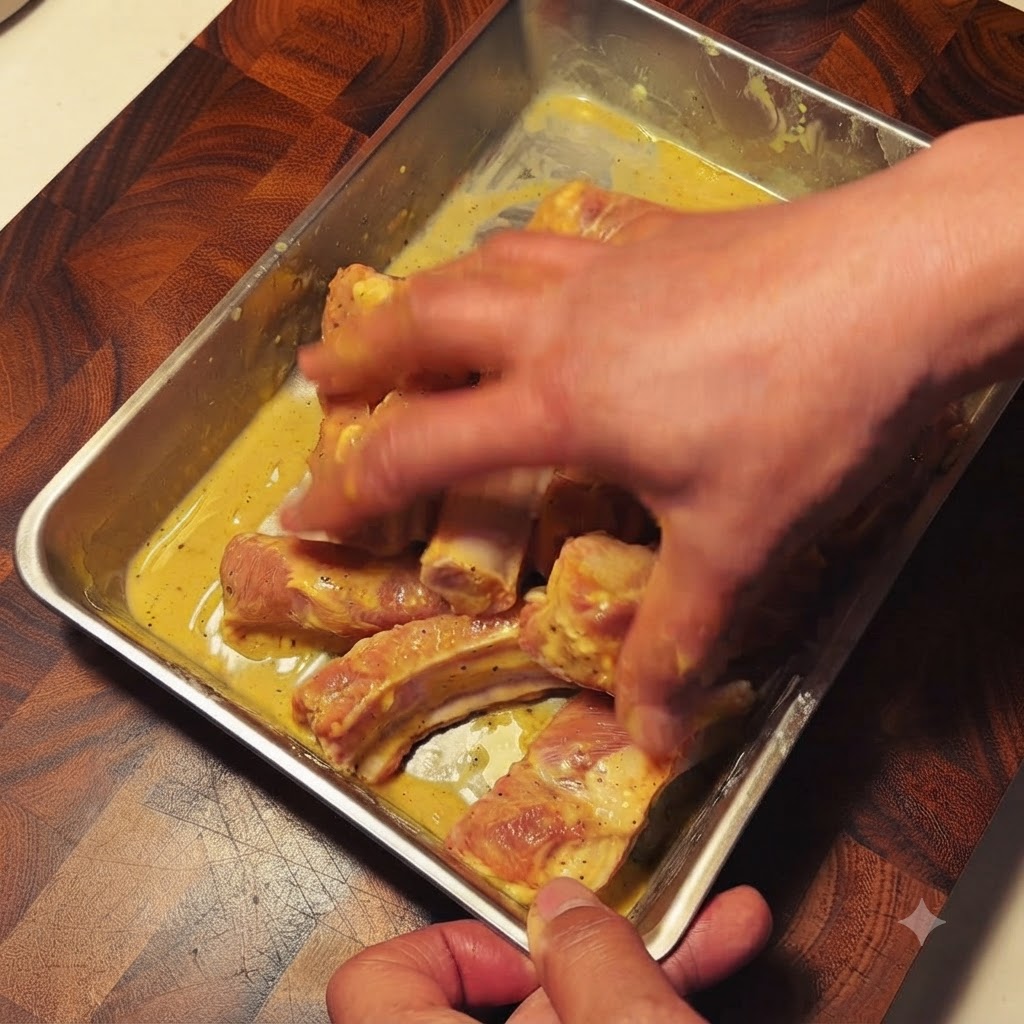 手で調味料や具材を豚スペアリブとしっかりと混ぜ合わせている様子。