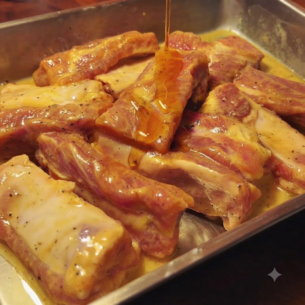 味付けした豚スペアリブにごま油が回しかけられている様子。