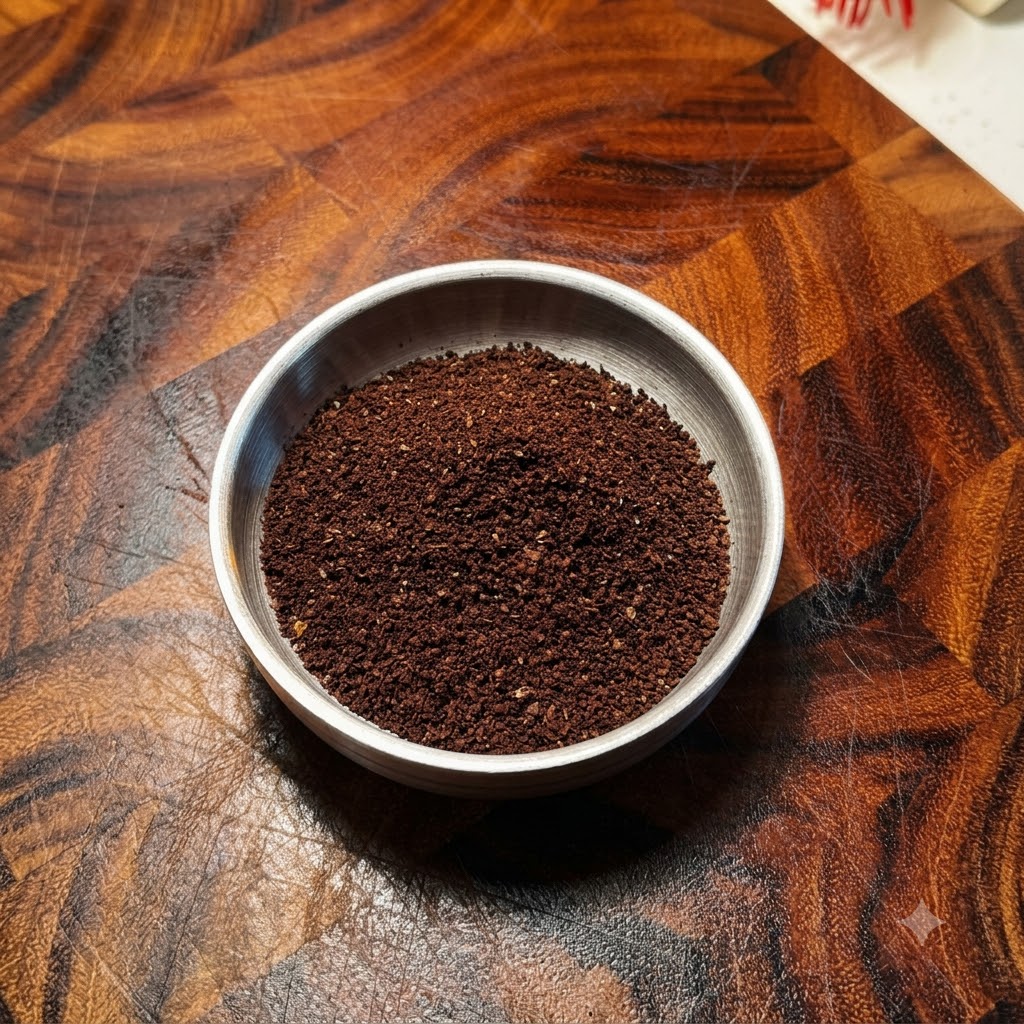 手動グラインダーから小さな金属製のボウルへと挽きたてのコーヒー粉が注がれている様子。