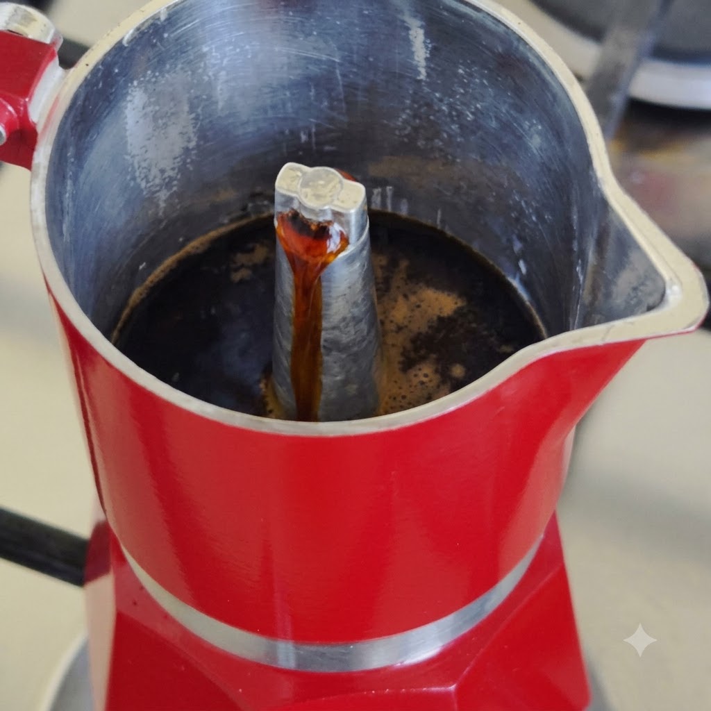 赤いマキネッタの中央の金属柱から濃いコーヒーが抽出されている様子。