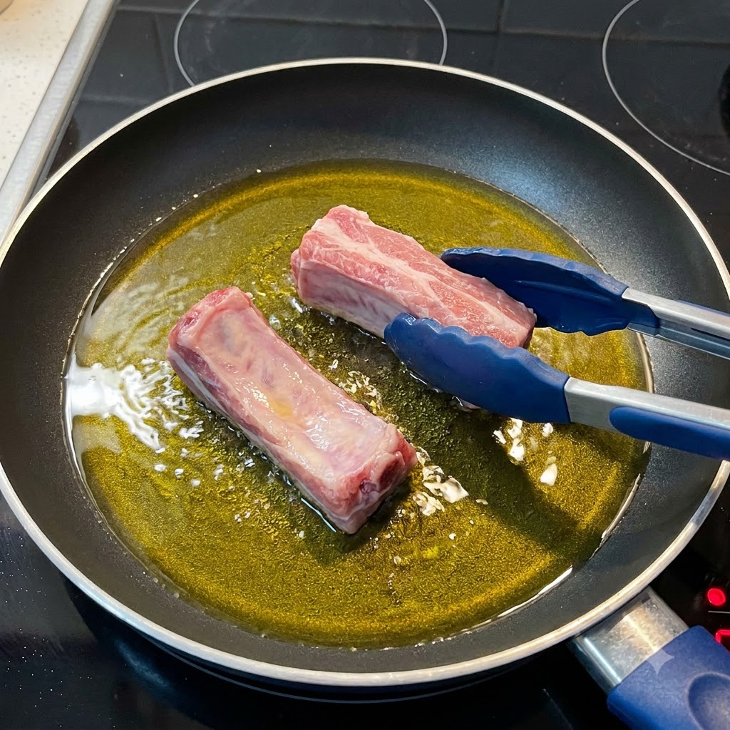 青いシリコン製トングを使って、オリーブオイルの熱したフライパンに下味をつけた豚スペアリブを並べている様子。