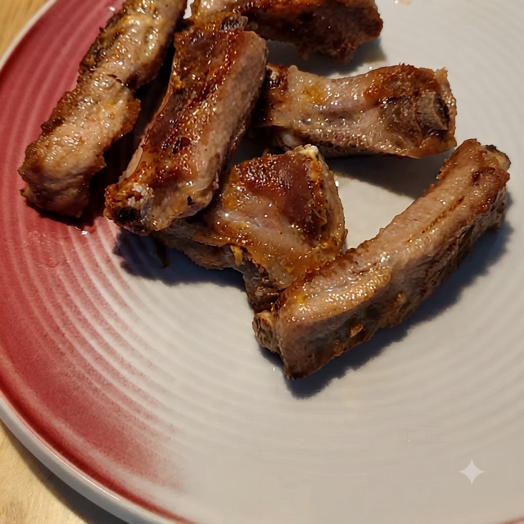 焼き色がついた豚スペアリブの上にコーヒーソースを回しかけている様子。
