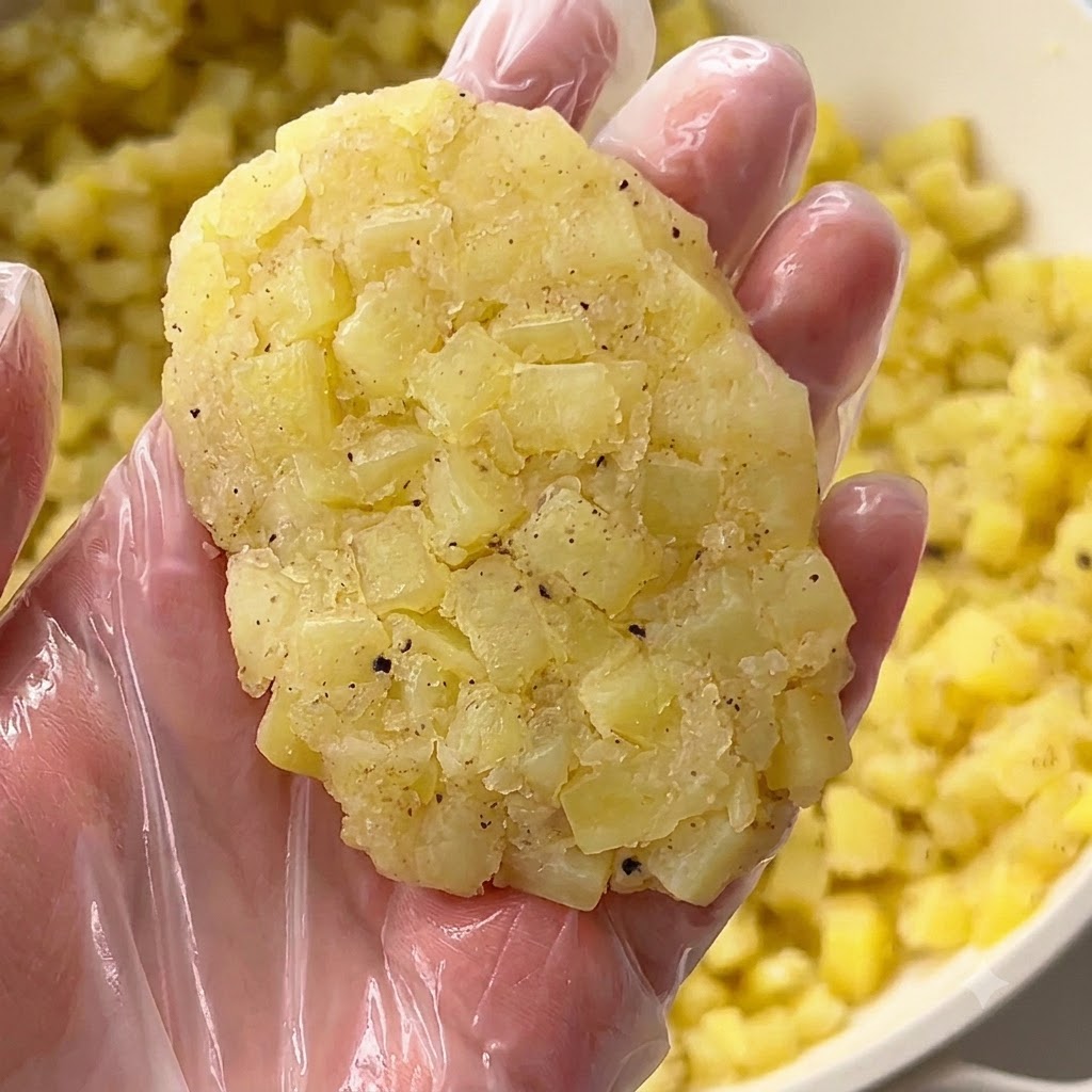 手袋をつけた両手で、ポテトの生地を楕円形のパティに形作っている様子。