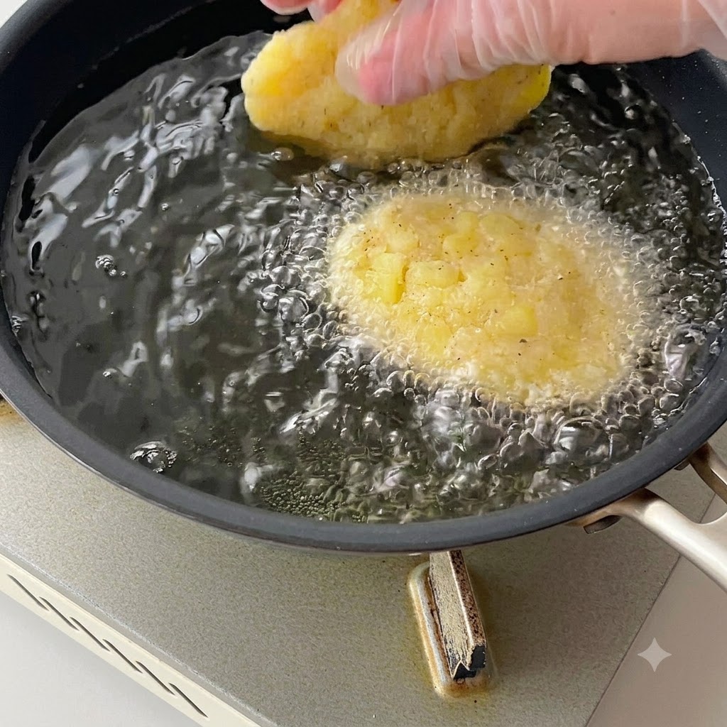 成型されたポテトパティを、泡立つ熱々の油が入ったフライパンに落とし入れている様子。