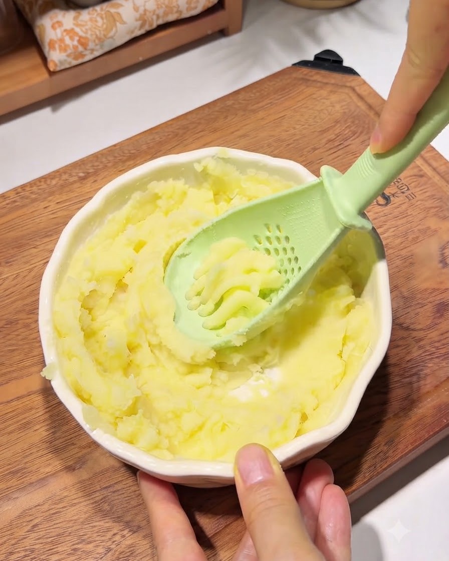 ボウルに入ったマッシュポテトに、調理器具を使って片栗粉を混ぜ込んでいる様子