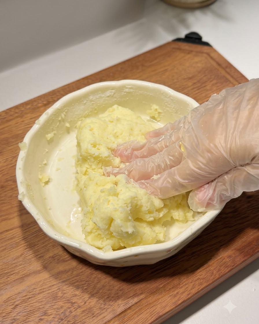 手袋を着用した手で、セラミックボウルの中のポテトと澱粉の生地をこねている様子