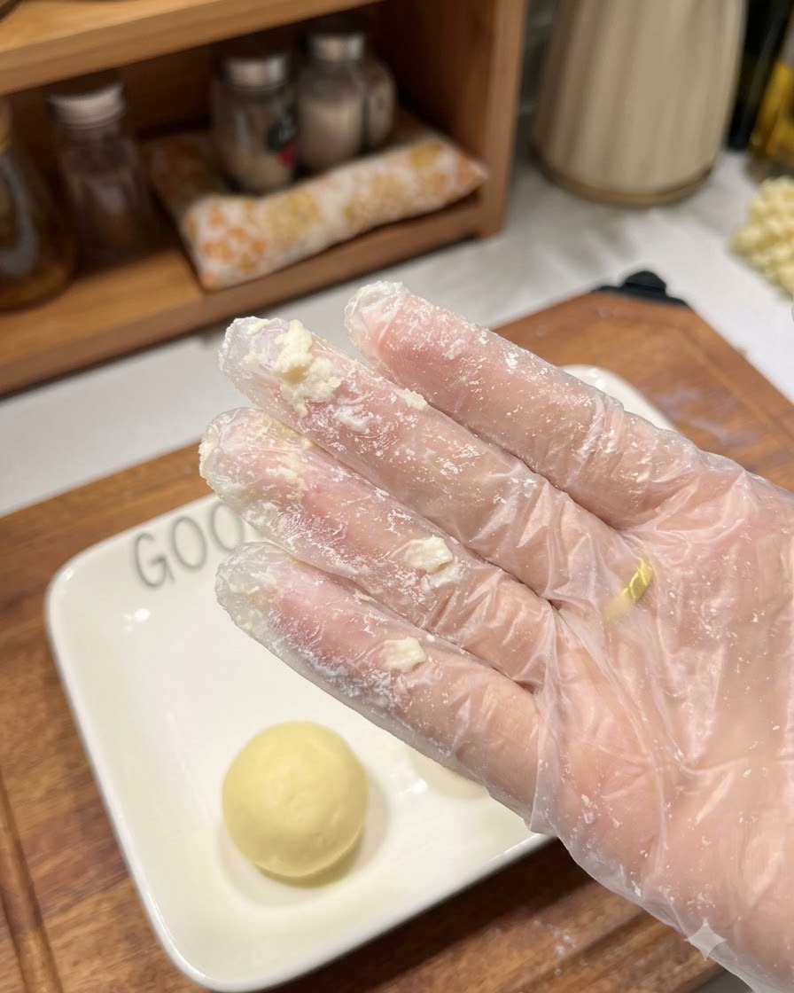 澱粉のついた手袋をはいた手の横で、白い角皿にのった小さく均一な丸型のポテト生地