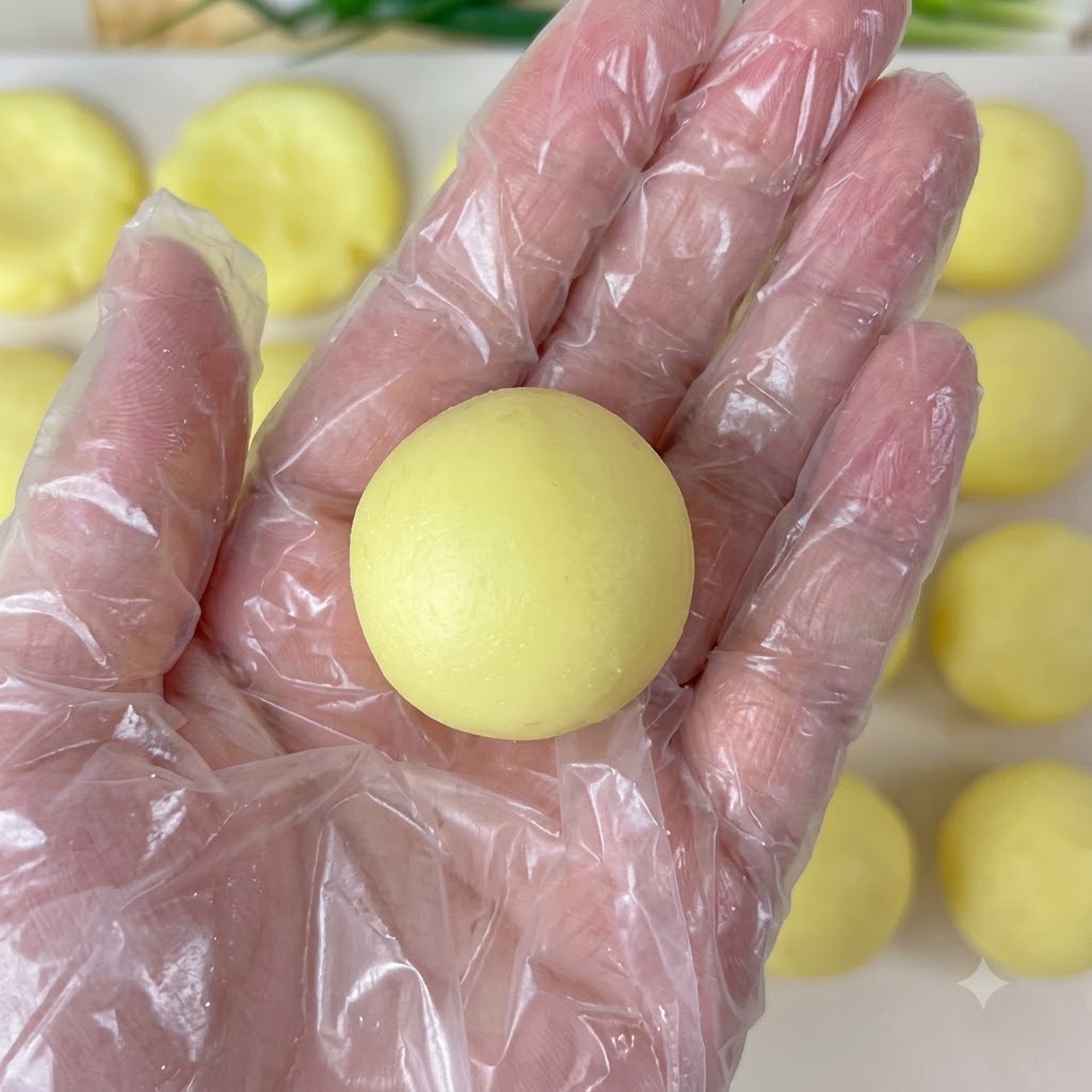 手袋を着用した手が、丸められたポテトピューレの生地を持っている様子。