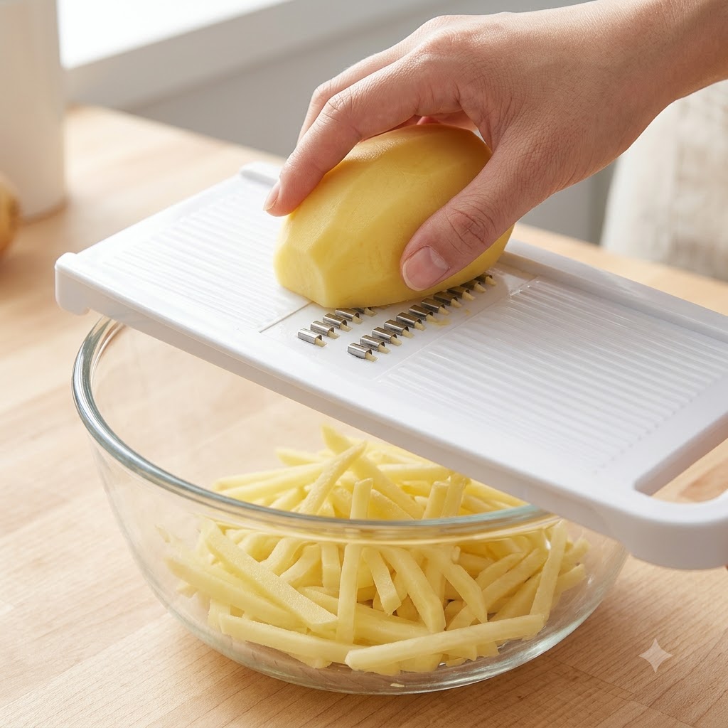 白いスライサーに皮をむいたじゃがいもを滑らせ、下の透明なガラスボウルにポテトの千切りを落としている手。