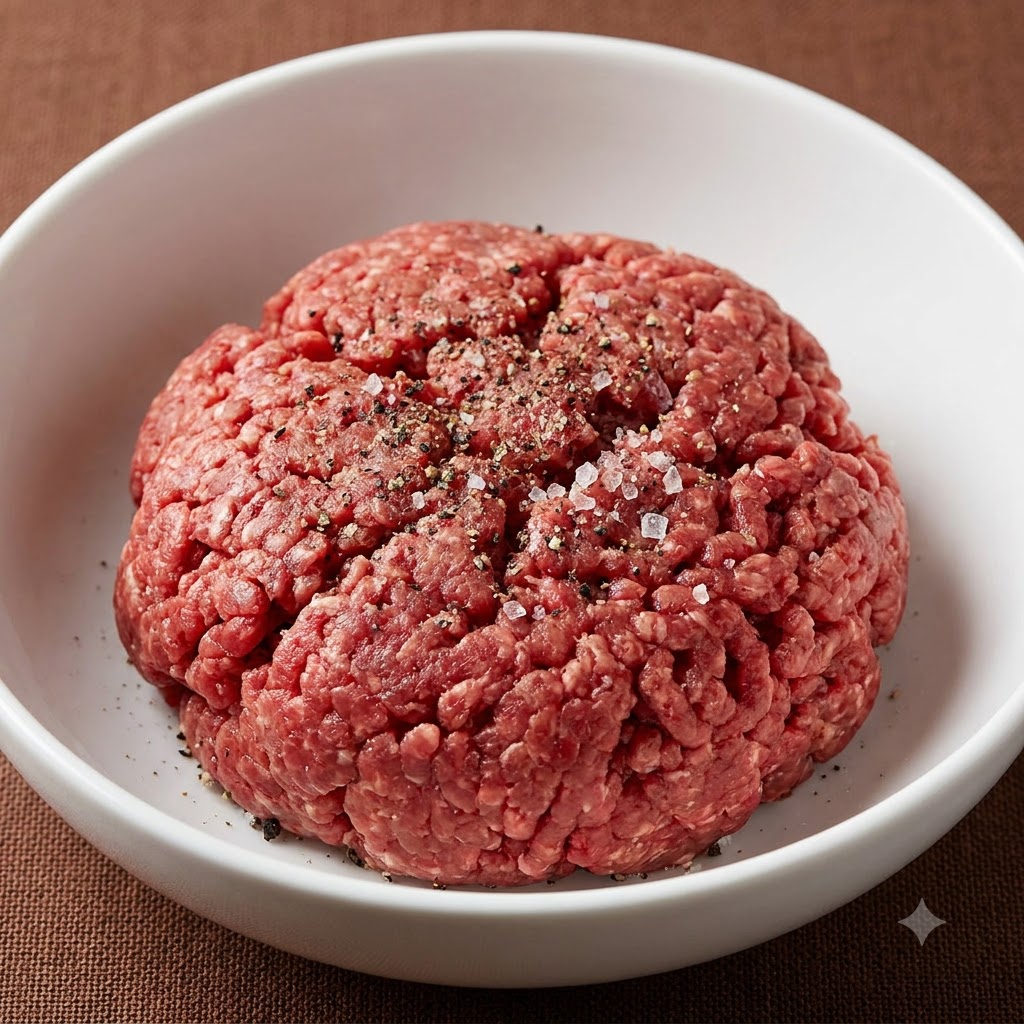 白いボウルに山盛りになった生のひき肉に、黒こしょうと粗塩が振りかけられている様子。