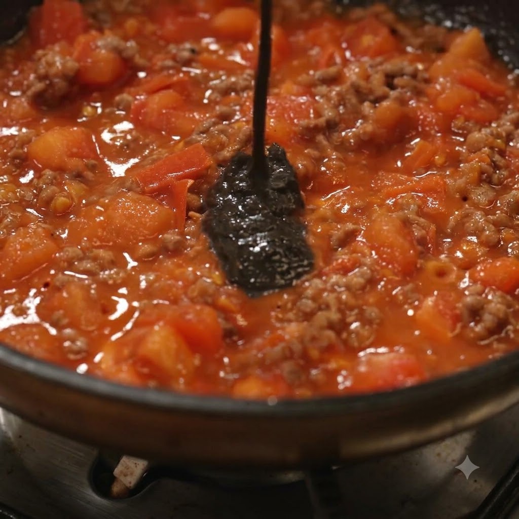 フライパンで煮込まれているトマトとひき肉のソースに、黒トリュフソースが混ぜ込まれている様子。
