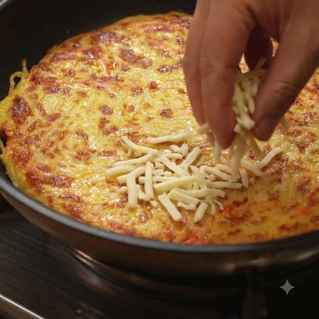 大きな皿を使って、きつね色に焼けたポテトパンケーキがフライパンの中でひっくり返されている様子。