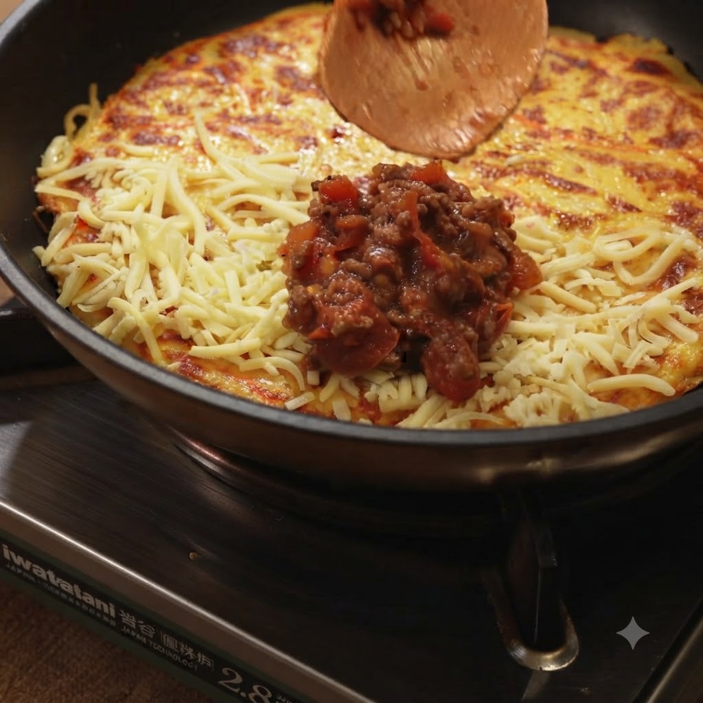 フライパンの中にあるポテトパンケーキの片側に、シュレッドチーズとトマトミートソースがトッピングされている様子。