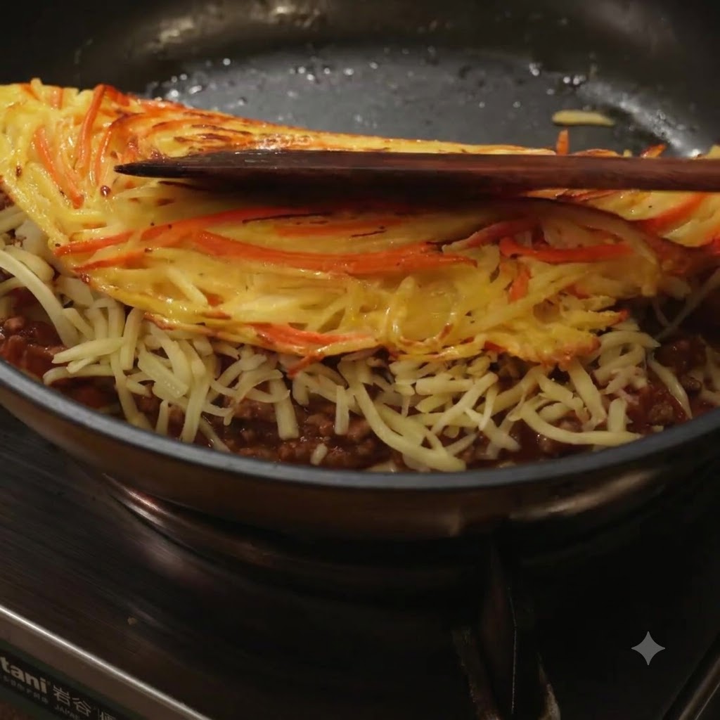 ミートソースととろけたチーズを包み込むように、スパチュラで黄金色のポテトパンケーキを半分に折りたたんでいる様子。