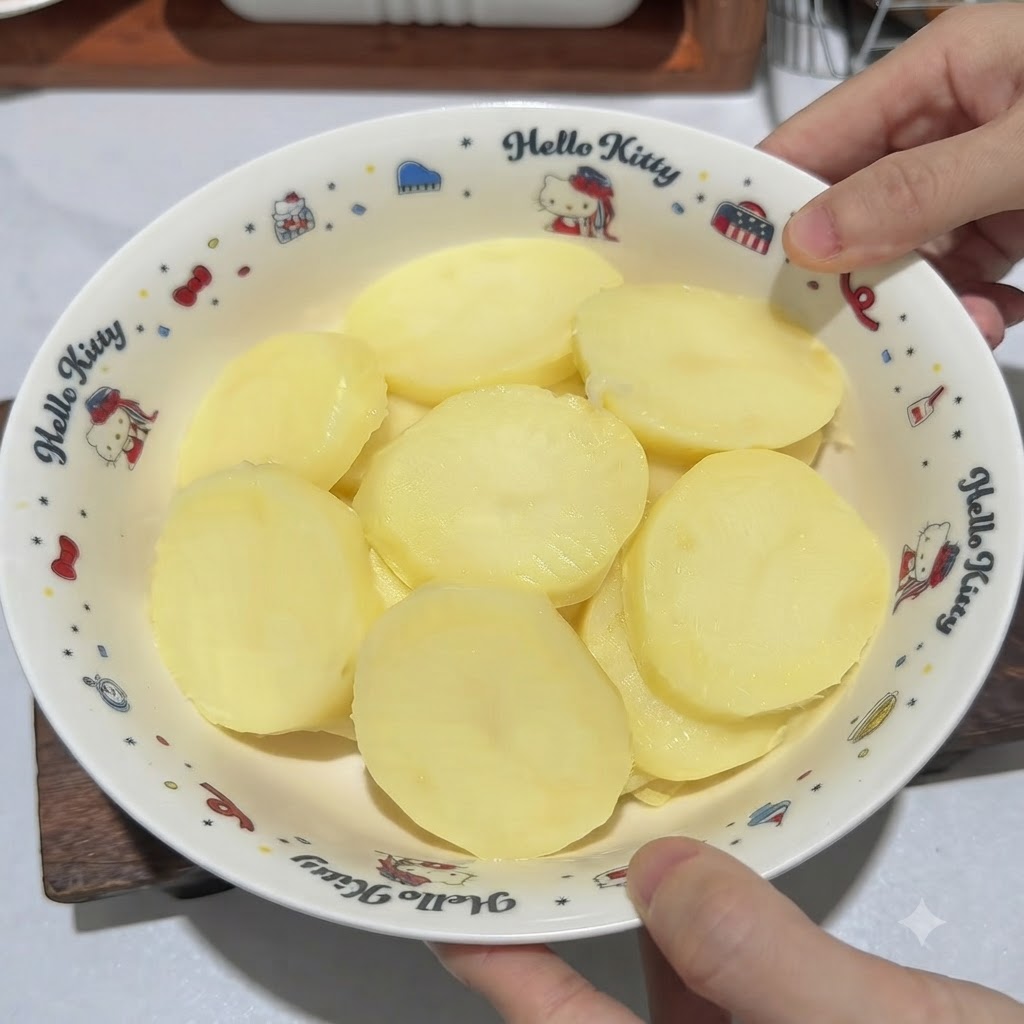 柄入りの白いボウルに入った蒸した皮付きじゃがいもを、金属製ポテトマッシャーでピュレ状につぶしている様子。