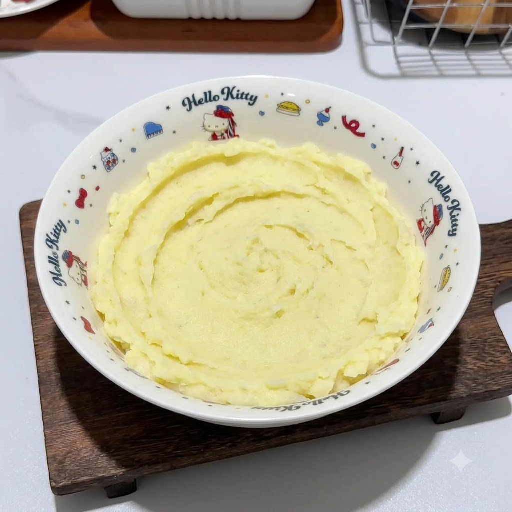 ピンク色の刻んだハムソーセージと白いコーンスターチを、小さな白い皿からマッシュポテトのボウルに入れている様子。
