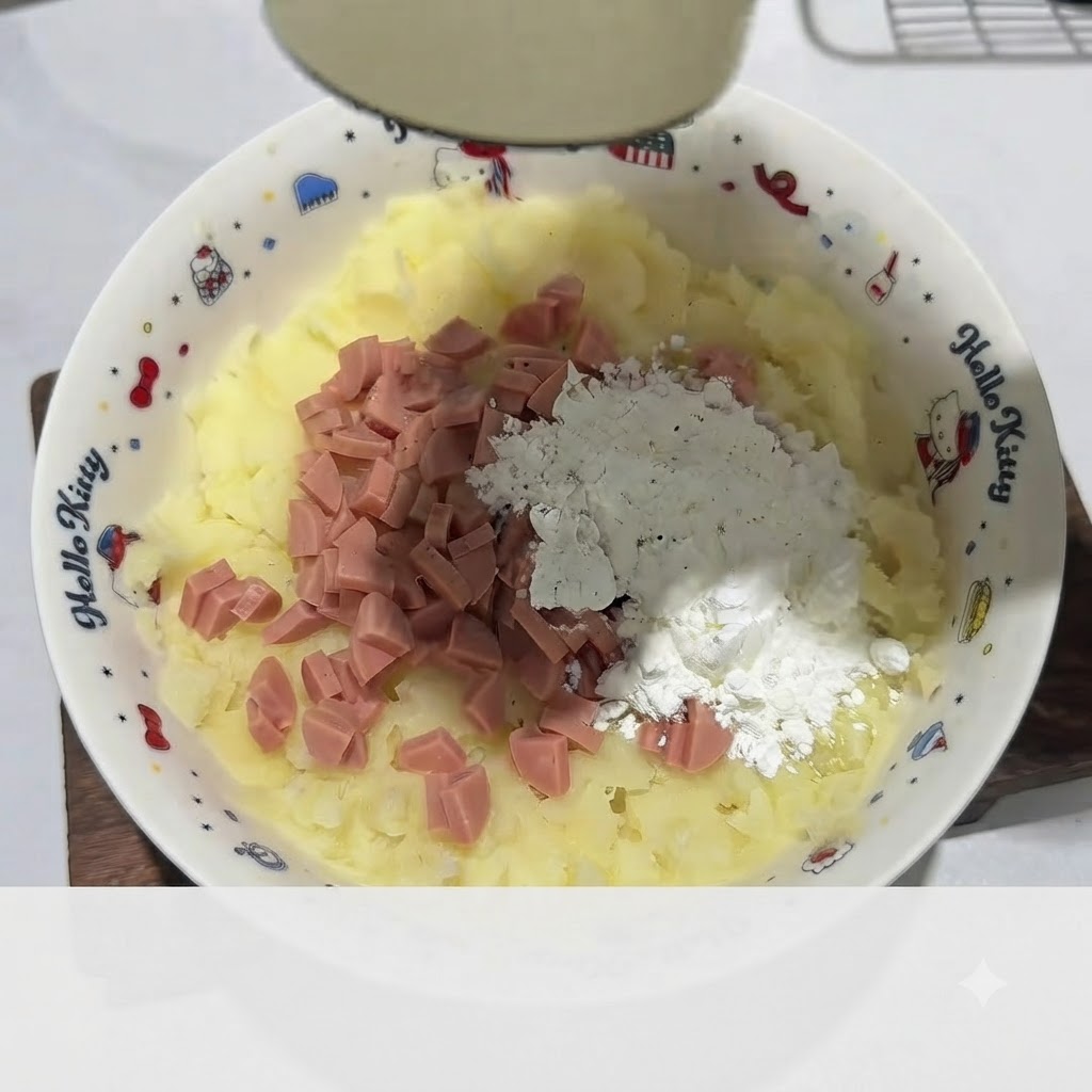 手袋を着用した手が、白いボウルの中でハムとスターチを加えたマッシュポテトの生地をこねている様子。