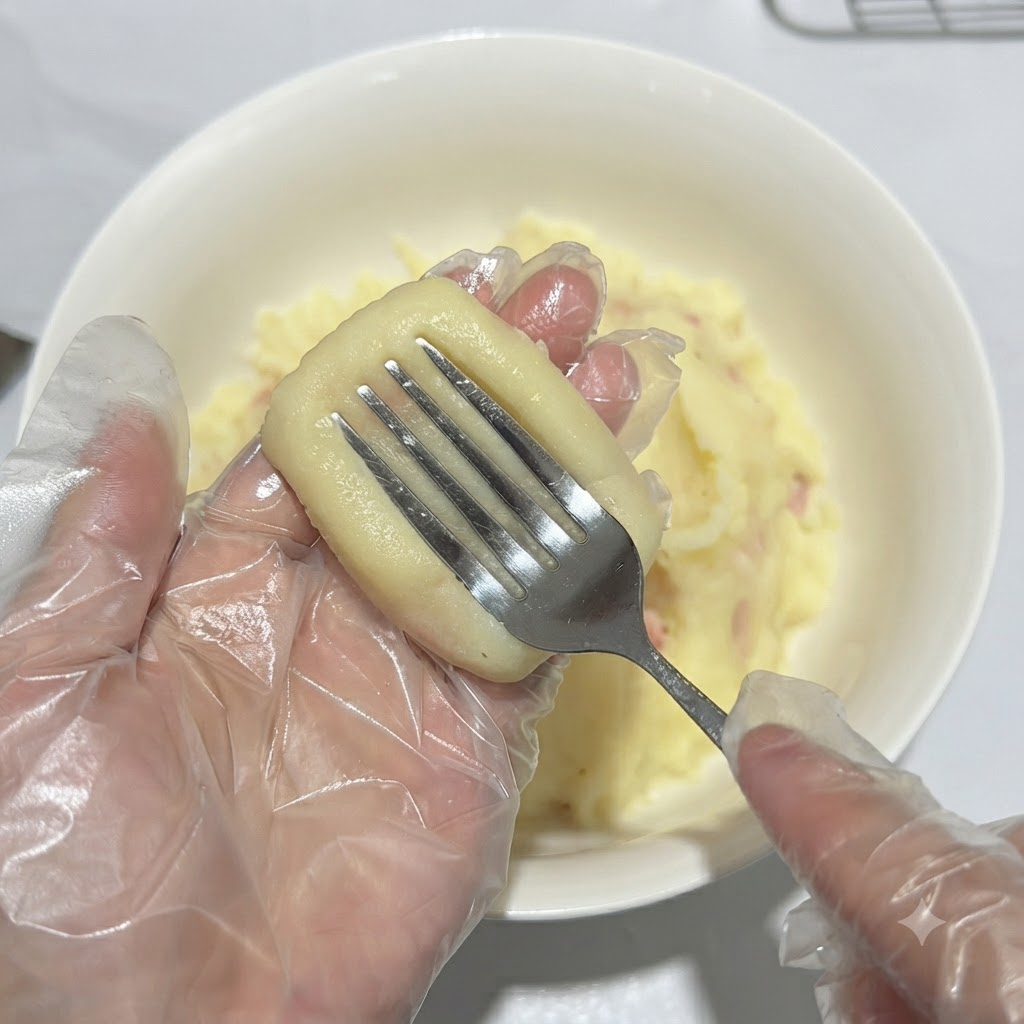 長方形のポテトパティの上にフォークを押し当てて、ストライプ状のくぼみをつけている様子。