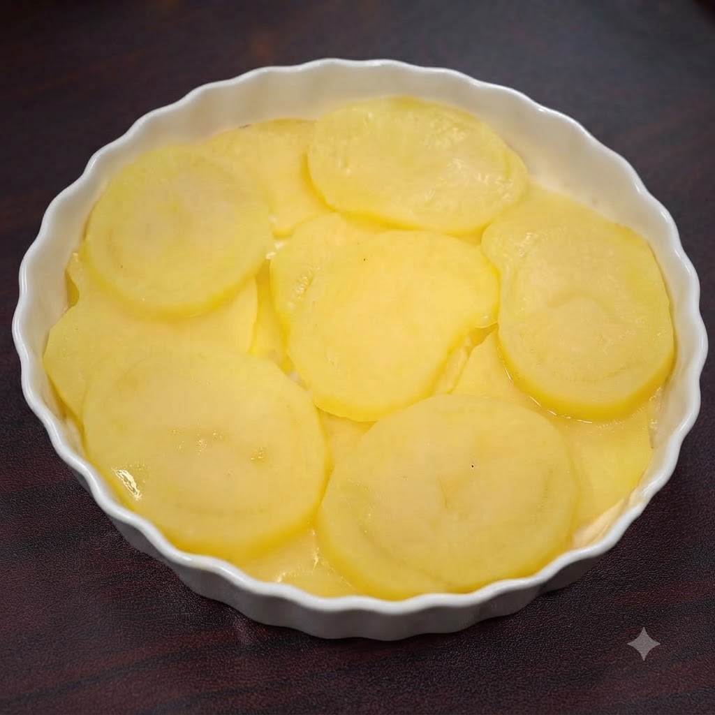 白いセラミックのパイ皿の中でなめらかにつぶされた蒸しじゃがいものスライス。
