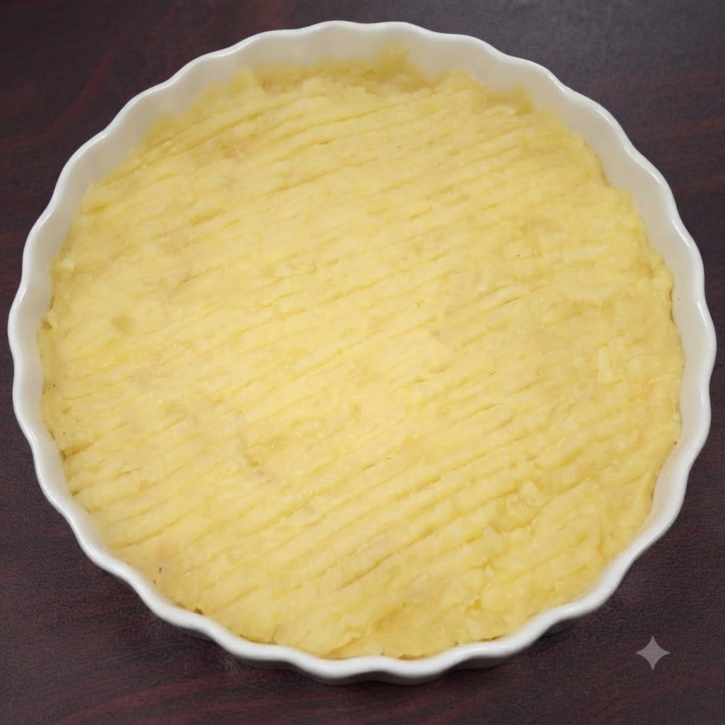 白い皿に入ったマッシュポテトに調味料を加え、フォークで混ぜ合わせている様子。