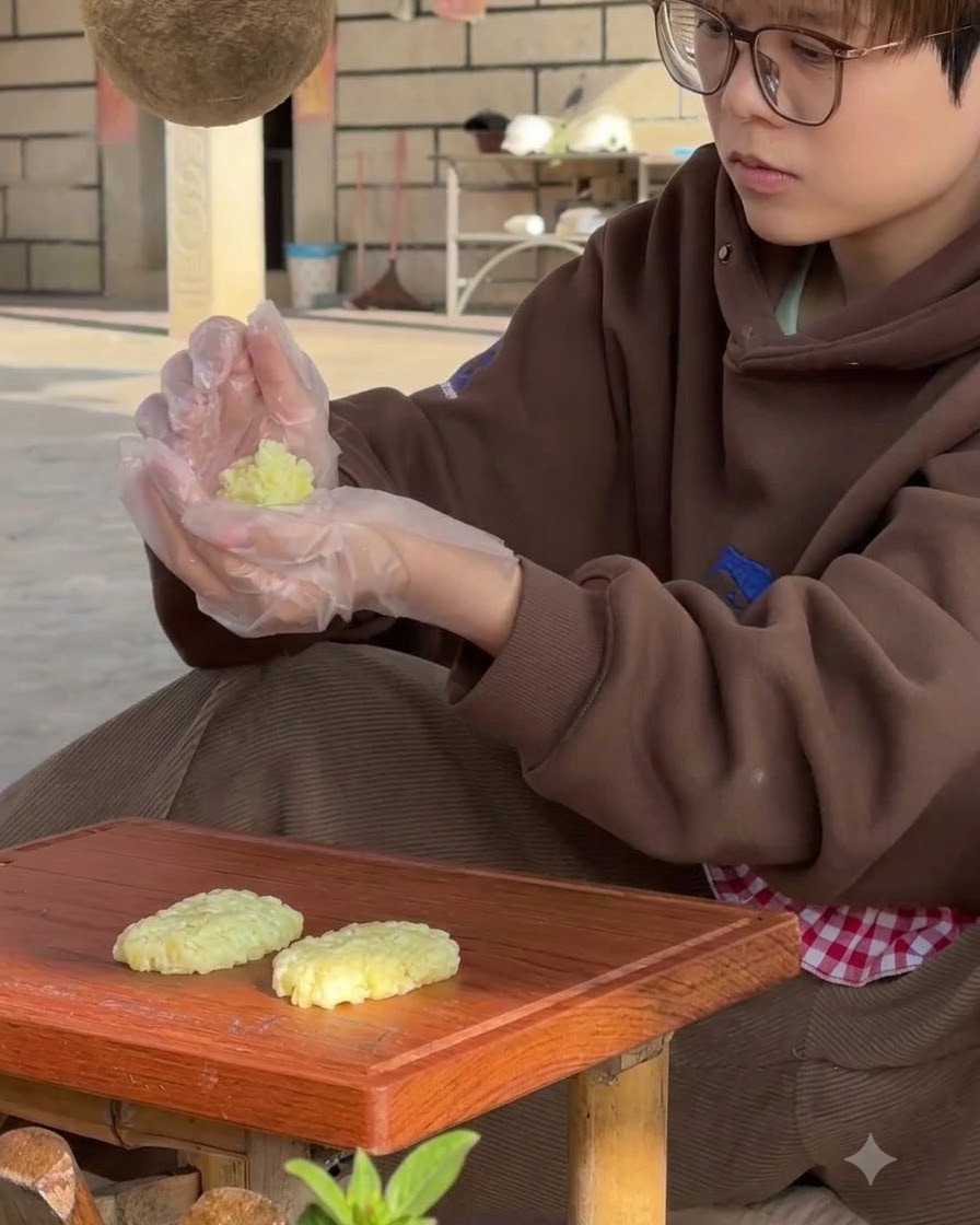 プラスチック手袋を着用した人が木製のまな板の上でポテトパティを成形しており、近くには成形済みのパティがある様子。