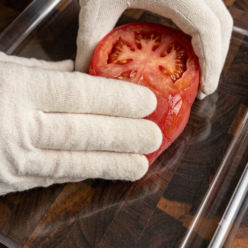 透明な耐熱ガラス皿の上で、トマトやパプリカの下処理をしている手袋をはめた手。