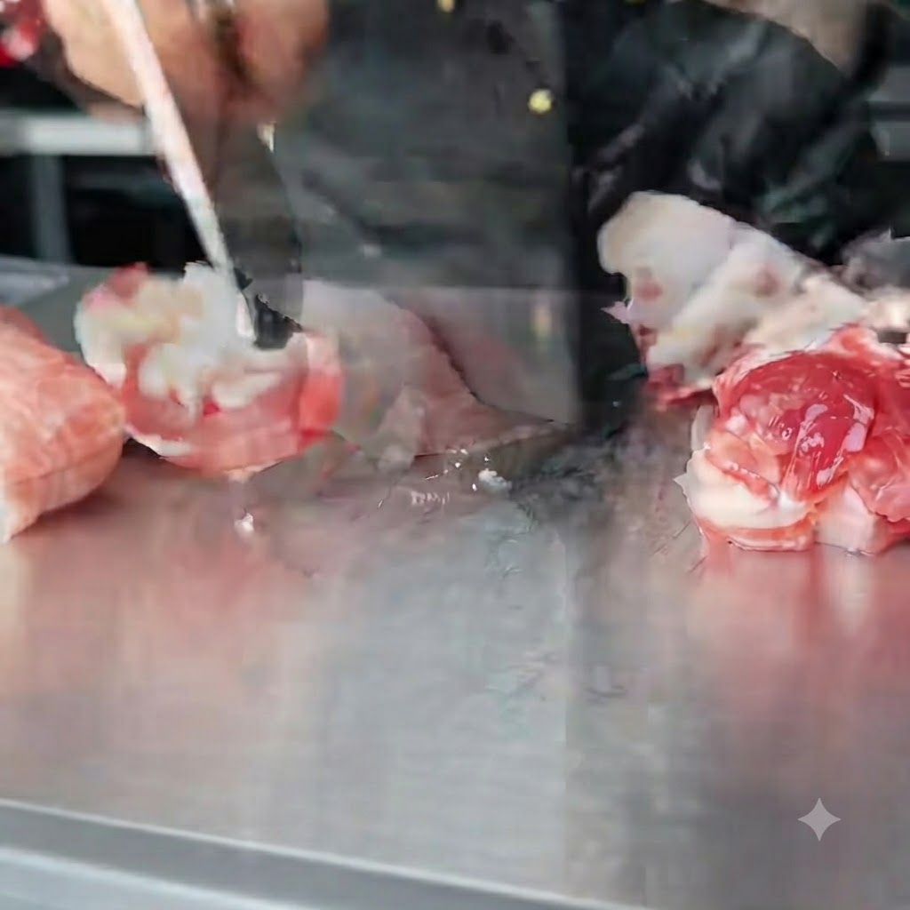ステンレスの調理台の上で、2本の包丁を使って生豚バラ肉を細かく叩き切りにしている様子。