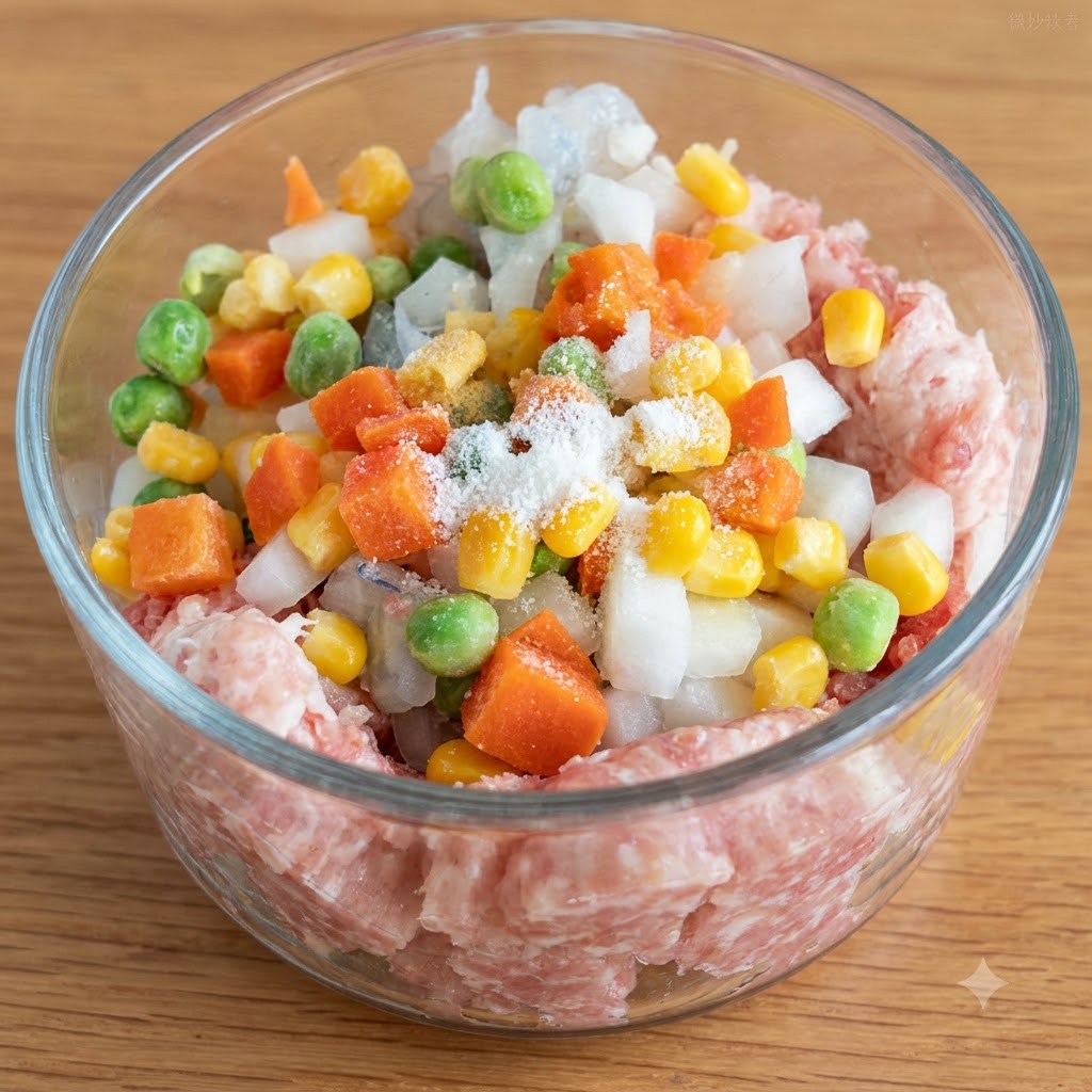 みじん切り肉、角切りニンジン、グリンピース、コーン、玉ねぎが入ったガラスボウルのクローズアップ。上に調味料とコーンスターチが振りかけられている。