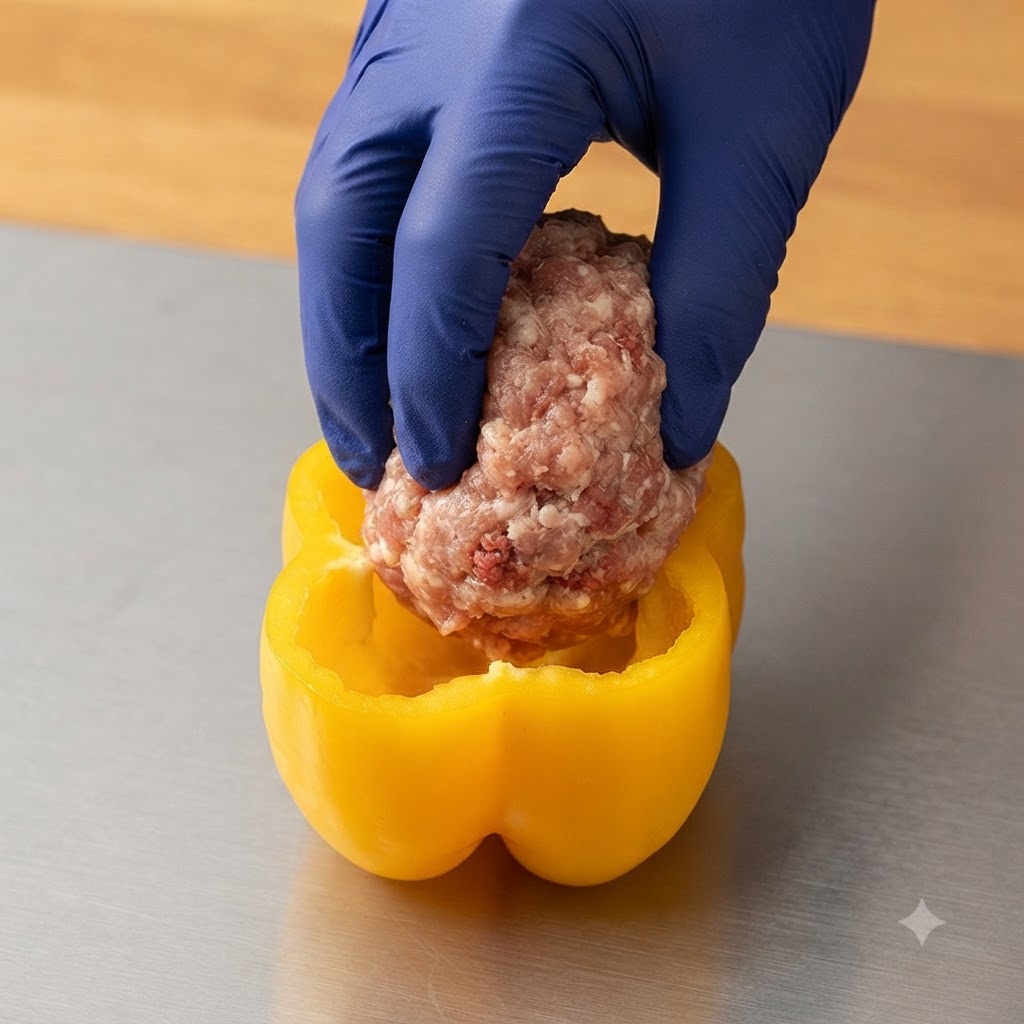 青い手袋をはめた手が、中をくり抜いた黄色のパプリカに味付けしたひき肉の塊を入れている様子。