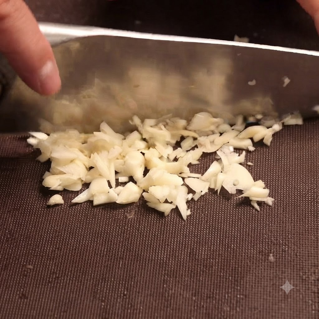 みじん切りにした玉ねぎとにんにくが熱したフライパンでジューシーに炒められており、ヘラで混ぜられています。