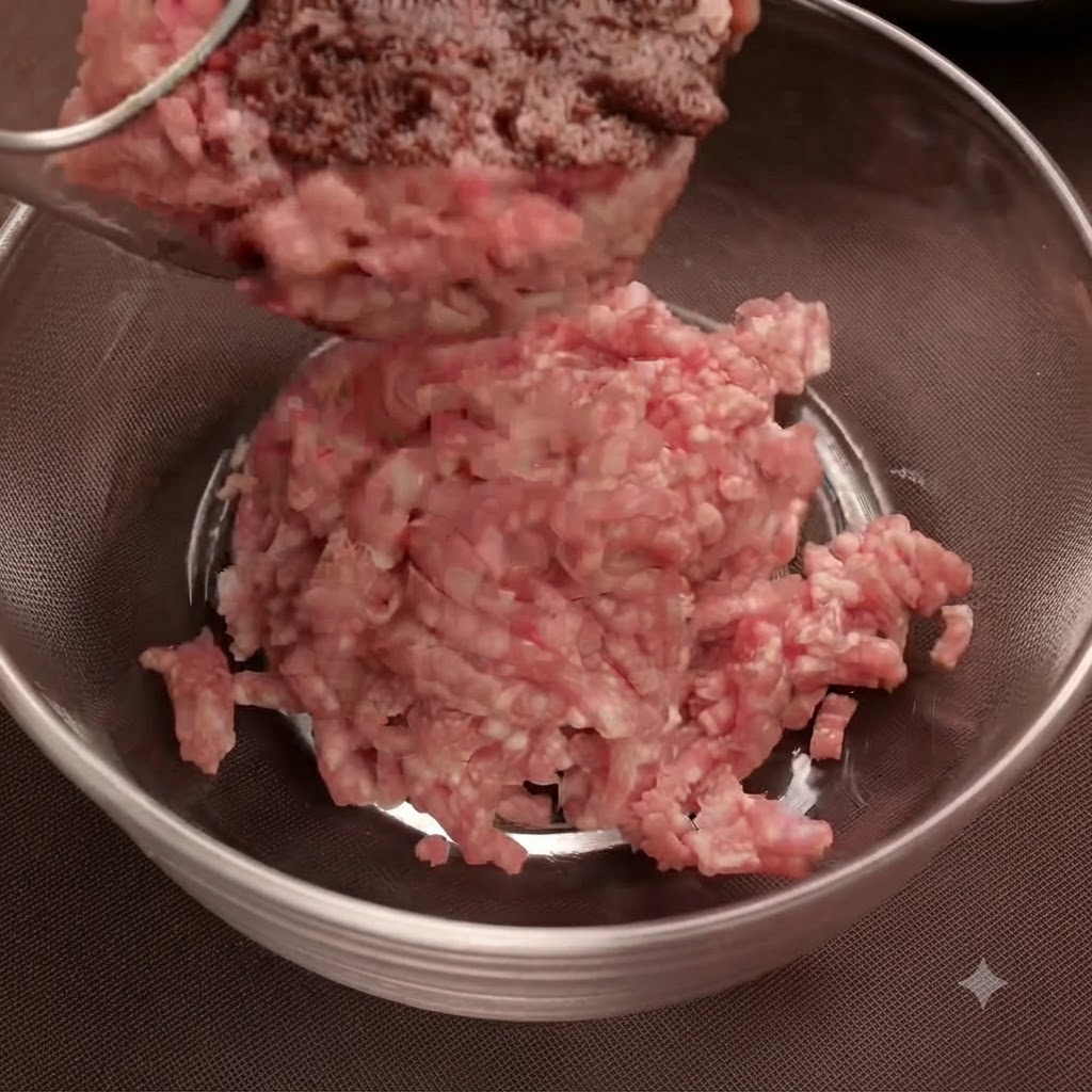 豚ひき肉と牛ひき肉がガラスのボウルに入れられています。
