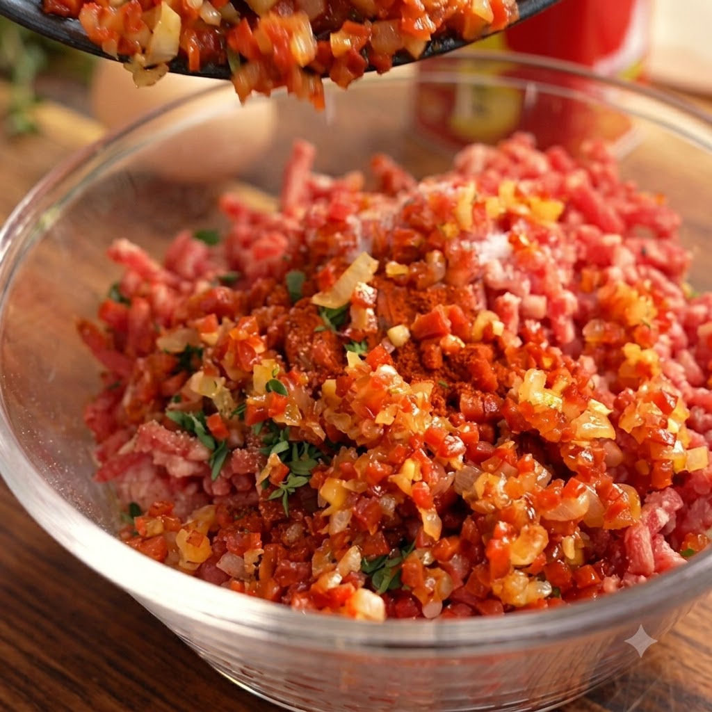 フライパンから生ひき肉の入ったガラスボウルに、調味料やハーブ、炒めた具材が注がれている瞬間