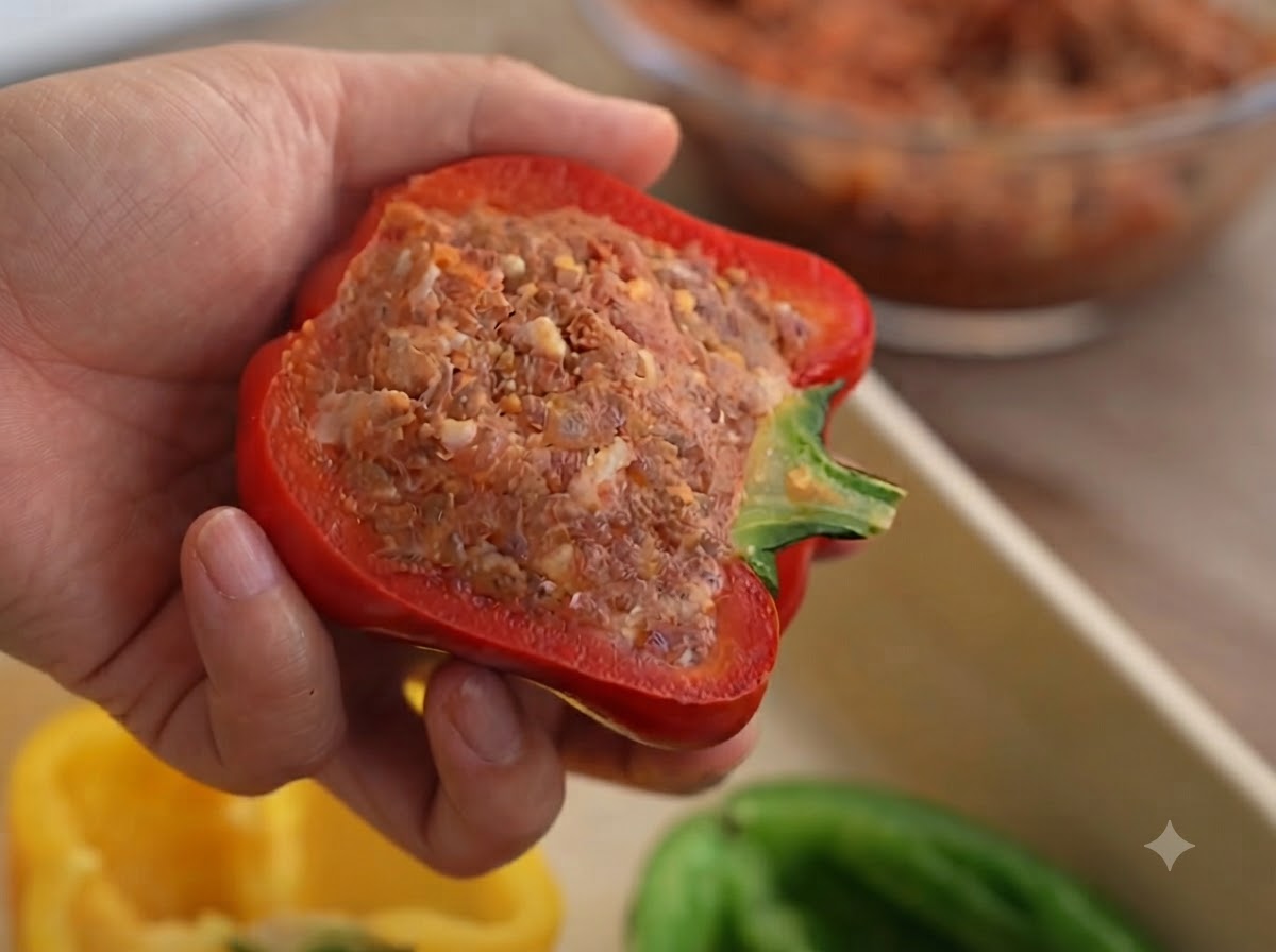 味付けされたひき肉がぎっしり詰まった色鮮やかなピーマンのクローズアップ