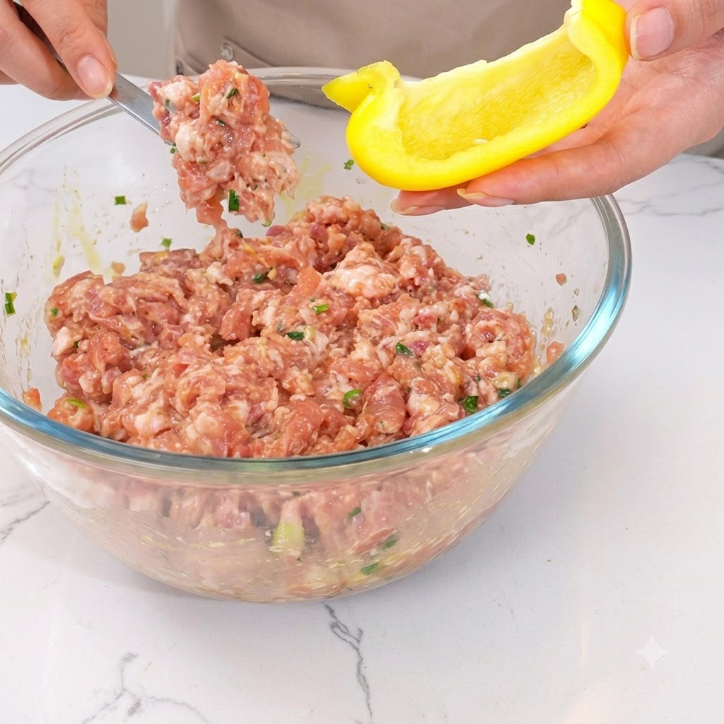 調理器具を使って黄色いピーマンの半身にひき肉が詰められている様子。