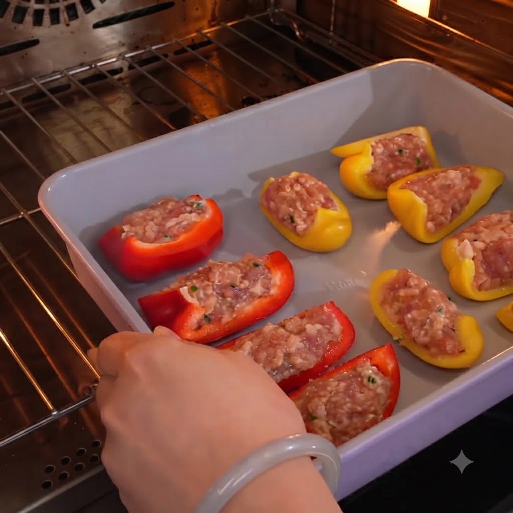 ピーマンの肉詰めが並んだ耐熱皿がオーブンのラックに入れられている様子。
