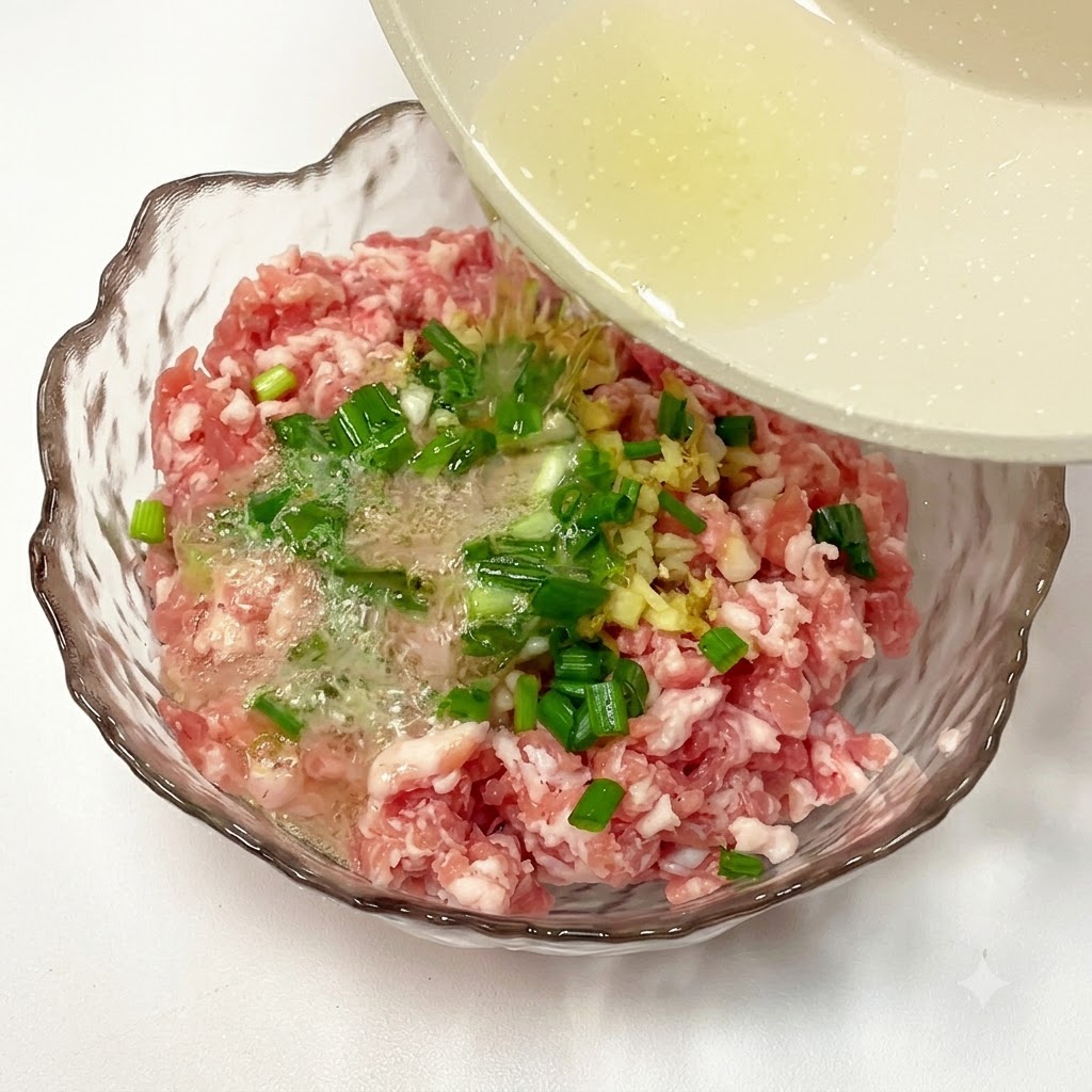 ひき肉の上にのせたネギと生姜に熱い油をかけている様子。